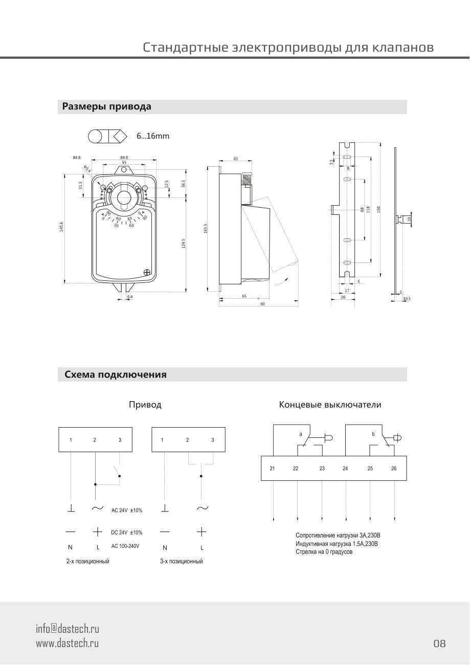 Размеры и схема подключения электропривода Dastech DA-04N220A